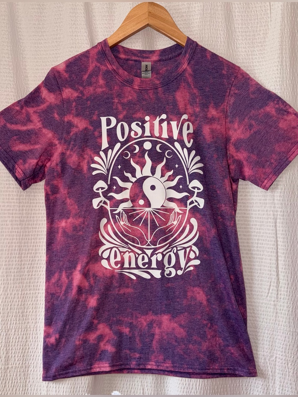 Positive Energy Vtg Style Tie Dye Softstyle Graphic Tee Purple Pink Sun Yin Yang